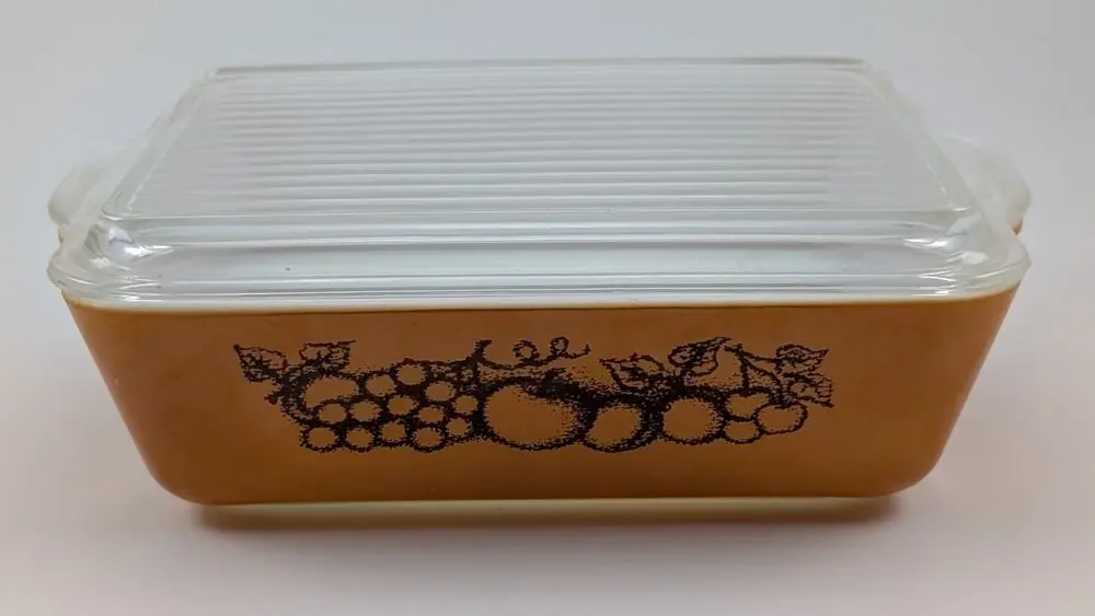 VTG Pyrex #503 “OLD ORCHARD” 1.5 QT Refrigerator Casserole Dish RIBBED LID